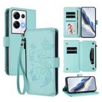 For OPPO Reno8 Pro 5G Butterfly Love Flower Multi-card Zipper Wallet Leather Phone Case(Mint Green)