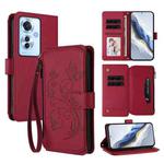 For OPPO Reno11 F 5G Global Butterfly Love Flower Multi-card Zipper Wallet Leather Phone Case(Wine Red)