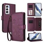 For OPPO Reno12 5G Global Butterfly Love Flower Multi-card Zipper Wallet Leather Phone Case(Dark Purple)