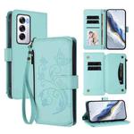 For OPPO Reno12 5G Global Butterfly Love Flower Multi-card Zipper Wallet Leather Phone Case(Mint Green)