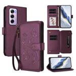 For OPPO Reno12 Pro 5G Global Butterfly Love Flower Multi-card Zipper Wallet Leather Phone Case(Dark Purple)