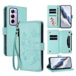 For OPPO Reno12 Pro 5G Global Butterfly Love Flower Multi-card Zipper Wallet Leather Phone Case(Mint Green)