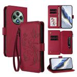 For OPPO Reno12 F 5G / 4G Butterfly Love Flower Multi-card Zipper Wallet Leather Phone Case(Wine Red)