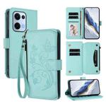 For OPPO Reno13 5G Global Butterfly Love Flower Multi-card Zipper Wallet Leather Phone Case(Mint Green)