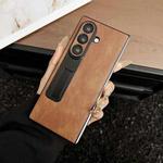 For Samsung Galaxy Z Fold7 Crazy Horse Texture Magnetic Phone Case with Holder(Brown)