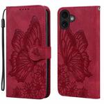 For iPhone 17 Retro Skin Feel Butterflies Embossing Horizontal Flip Leather Phone Case(Red)