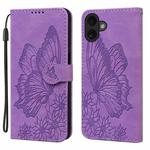 For iPhone 17 Retro Skin Feel Butterflies Embossing Horizontal Flip Leather Phone Case(Purple)