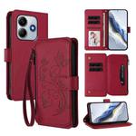 For Redmi Note 14 4G 163.25mm Butterfly Love Flower Multi-card Zipper Wallet Leather Phone Case(Wine Red)