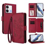 For Redmi Note 13 5G Butterfly Love Flower Multi-card Zipper Wallet Leather Phone Case(Wine Red)