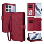 For Redmi K70 Ultra Butterfly Love Flower Multi-card Zipper Wallet Leather Phone Case(Wine Red)