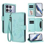 For Redmi K70 Ultra Butterfly Love Flower Multi-card Zipper Wallet Leather Phone Case(Mint Green)