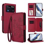 For Xiaomi Poco M4 Pro 4G Butterfly Love Flower Multi-card Zipper Wallet Leather Phone Case(Wine Red)