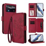 For Xiaomi Poco X4 Pro 5G Butterfly Love Flower Multi-card Zipper Wallet Leather Phone Case(Wine Red)