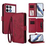 For Xiaomi Poco F6 Pro Butterfly Love Flower Multi-card Zipper Wallet Leather Phone Case(Wine Red)