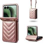 For Motorola Razr+ 2025 / 2024 Rhombic Folding Leather Phone Case with Long Lanyard(Rose Gold)