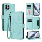 For Samsung Galaxy M33 5G Butterfly Love Flower Multi-card Zipper Wallet Leather Phone Case(Mint Green)