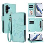 For Samsung Galaxy M56 5G Butterfly Love Flower Multi-card Zipper Wallet Leather Phone Case(Mint Green)