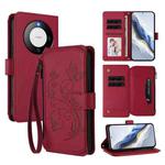 For Huawei Mate 60 Butterfly Love Flower Multi-card Zipper Wallet Leather Phone Case(Wine Red)