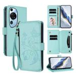 For Huawei P60 Art Butterfly Love Flower Multi-card Zipper Wallet Leather Phone Case(Mint Green)