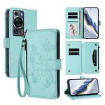 For Huawei P60 / P60 Pro Butterfly Love Flower Multi-card Zipper Wallet Leather Phone Case(Mint Green)