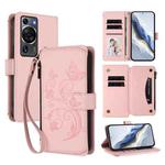 For Huawei P60 / P60 Pro Butterfly Love Flower Multi-card Zipper Wallet Leather Phone Case(Pink)