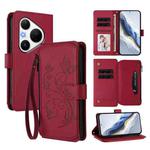 For Huawei Pura 80 Pro Butterfly Love Flower Multi-card Zipper Wallet Leather Phone Case(Wine Red)