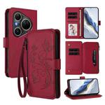 For Huawei Pura 80 Ultra Butterfly Love Flower Multi-card Zipper Wallet Leather Phone Case(Wine Red)