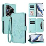For Huawei Pura 80 Ultra Butterfly Love Flower Multi-card Zipper Wallet Leather Phone Case(Mint Green)