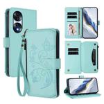 For Honor 70 Pro 5G Butterfly Love Flower Multi-card Zipper Wallet Leather Phone Case(Mint Green)