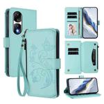 For Honor 90 Pro 5G Butterfly Love Flower Multi-card Zipper Wallet Leather Phone Case(Mint Green)