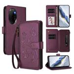 For Honor 100 Pro 5G Butterfly Love Flower Multi-card Zipper Wallet Leather Phone Case(Dark Purple)