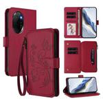 For Honor 100 Pro 5G Butterfly Love Flower Multi-card Zipper Wallet Leather Phone Case(Wine Red)