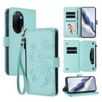 For Honor 100 Pro 5G Butterfly Love Flower Multi-card Zipper Wallet Leather Phone Case(Mint Green)