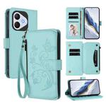 For Honor 400 Lite Global Butterfly Love Flower Multi-card Zipper Wallet Leather Phone Case(Mint Green)