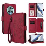 For Honor Magic5 Pro Butterfly Love Flower Multi-card Zipper Wallet Leather Phone Case(Wine Red)