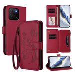 For Honor X5b 4G / X5b Plus 4G Butterfly Love Flower Multi-card Zipper Wallet Leather Phone Case(Wine Red)