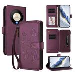 For Honor X9b 5G / Magic6 Lite Butterfly Love Flower Multi-card Zipper Wallet Leather Phone Case(Dark Purple)