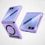 For Samsung Galaxy Z Flip7 5G Integrated Invisible Bracket CD Texture Magnetic Litchi Skin Pasting Phone Case(Purple)