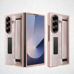 For Samsung Galaxy Z Fold7 5G Integrated Invisible Bracket Litchi Skin Pasting Phone Case with Hand Strap(Gold)