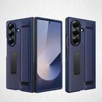 For Samsung Galaxy Z Fold7 5G Integrated Invisible Bracket Litchi Skin Pasting Phone Case with Hand Strap(Blue)