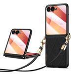 For Samsung Galaxy Z Flip7 5G SULADA Elegant Rhombic Texture Folding Phone Case with Lanyard(Black)