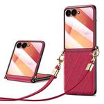 For Samsung Galaxy Z Flip7 5G SULADA Elegant Rhombic Texture Folding Phone Case with Lanyard(Red)