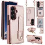 For Samsung Galaxy Z Fold7 5G Wristband Vertical Flip Wallet Back Cover Phone Case with Long Lanyard(Rose Gold)