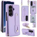 For Samsung Galaxy Z Fold7 5G Wristband Vertical Flip Wallet Back Cover Phone Case with Long Lanyard(Purple)