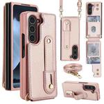 For Samsung Galaxy Z Fold5 5G Wristband Vertical Flip Wallet Back Cover Phone Case with Long Lanyard(Rose Gold)