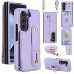 For Samsung Galaxy Z Fold5 5G Wristband Vertical Flip Wallet Back Cover Phone Case with Long Lanyard(Purple)