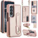 For Samsung Galaxy Z Fold4 5G Wristband Vertical Flip Wallet Back Cover Phone Case with Long Lanyard(Rose Gold)