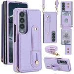 For Samsung Galaxy Z Fold4 5G Wristband Vertical Flip Wallet Back Cover Phone Case with Long Lanyard(Purple)