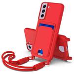 For Samsung Galaxy S21 FE 5G Integrated Card Bag Solid Color Liquid Silicone Phone Case Gen2 with Short Lanyard(Red)