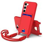 For Samsung Galaxy S23 5G Integrated Card Bag Solid Color Liquid Silicone Phone Case Gen2 with Short Lanyard(Red)